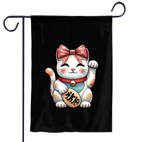 Coquette Bow Maneki Neko Japanese Cat Lucky Pink Garden Flags
