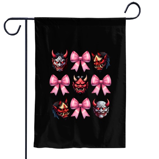 Coquette Bow Oni Yokai Devil Mask Pink Mothers Day Garden Flags