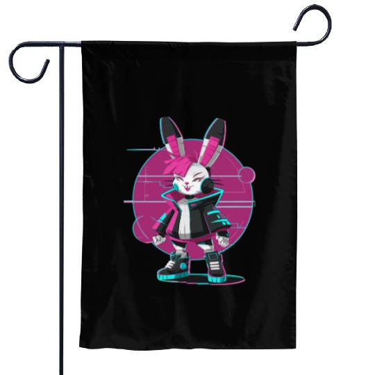 Cyber Bunny with Futuristic Style and Neon Colors Garden Flags