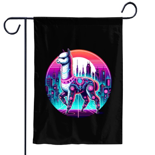 Cyberpunk Alpaca In Futuristic Cityscape Garden Flags