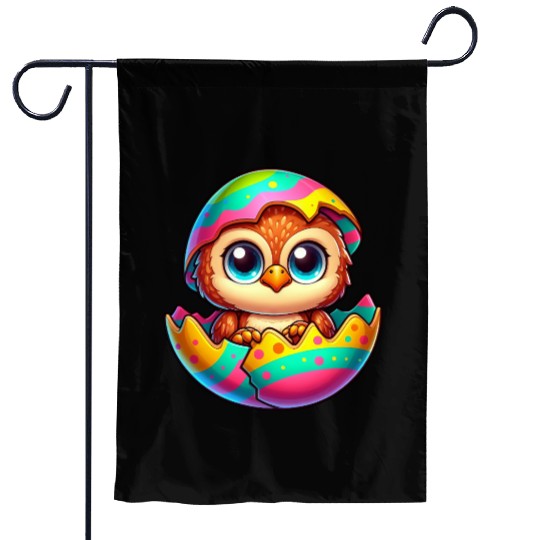 Cute Owl Easter Egg Cartoon Hatching Colorful Garden Flags