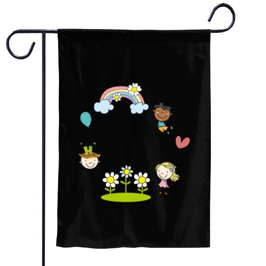Children of the Earth with Rainbow Flowers Balloon Garden Flags