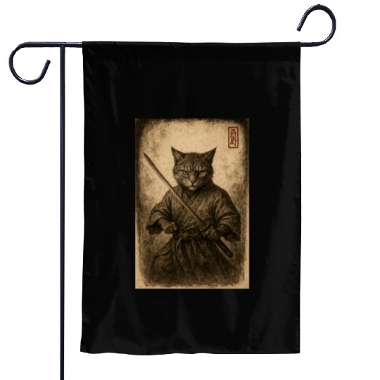Samurai Cat in Vintage Style Garden Flags