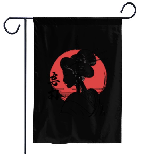 Elegant Geisha Silhouette with Red Sun Garden Flags