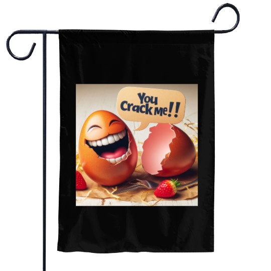 A cracked Easter egg laughing with the caption Garden Flags
