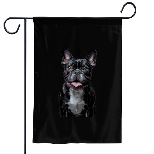 Charming French Bulldog Portrait Capturing Joyful Garden Flags