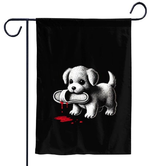 Cute Puppy with Slipper Garden Flags Dark Humor Dog Lover