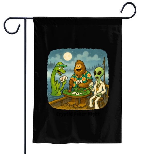 Bigfoot, Nessie and an Alien Play Poker - Cryptid Garden Flags
