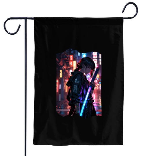 Cyberpunk Samurai Girl Garden Flags