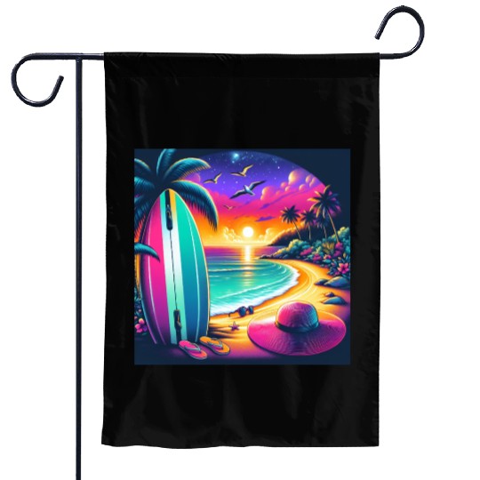 Tropical Sunset Surf Vibes Garden Flags