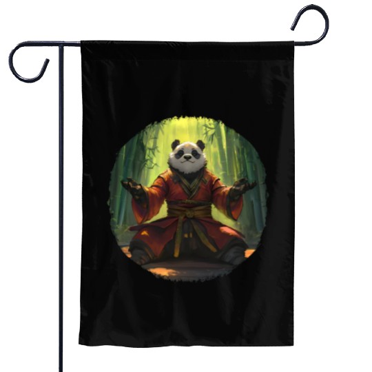 Meditating Panda In Bamboo Forest With Zen Energy Garden Flags