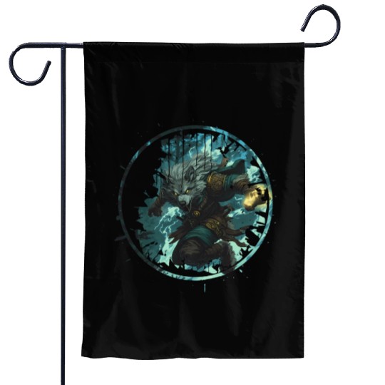 Mystical Werewolf With Magic In The Dark Forest Garden Flags