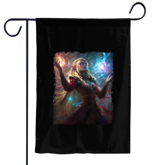 Magical Elf Sorceress under Starlight Garden Flags