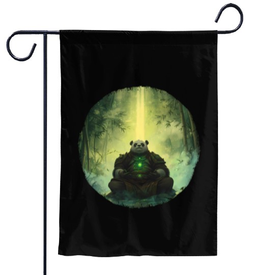 Meditating Panda Monk in a Glowing Bamboo Grove Garden Flags