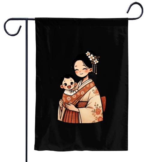 Elegant Asian Woman in Kimono Holding Baby Garden Flags