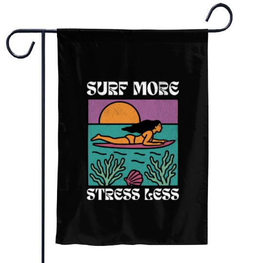 Surf More Stress Less | Tropical Sunset Surf Girl Garden Flags