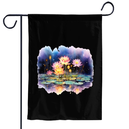 Retro Zen Lotus Firefly Night Garden Flags