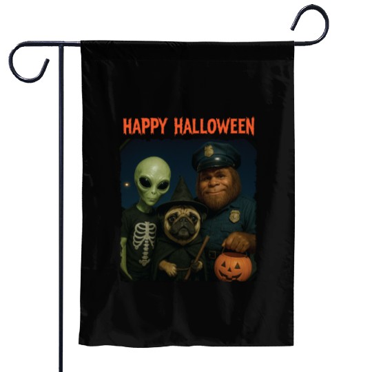 Bigfoot Alien Pug Funny Halloween Trick or Treat Garden Flags