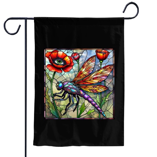 Dragonfly stained glass poppy flower insect eye Garden Flags