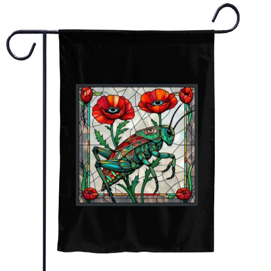 Grasshopper cricket stained glass poppy flower Garden Flags