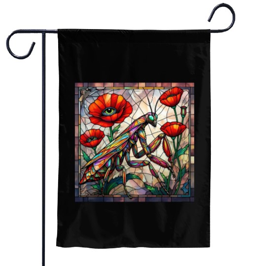 Praying mantis stained glass vibrant poppy flower Garden Flags