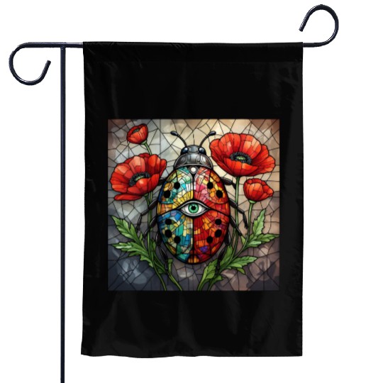 Ladybug stained glass vibrant poppy flower insect Garden Flags