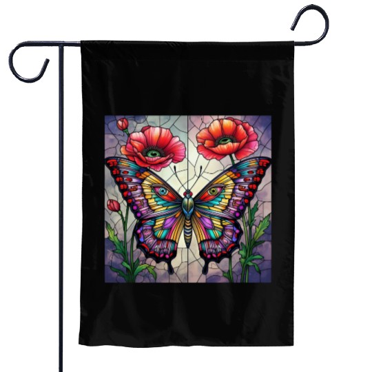Butterfly stained glass design vibrant poppy Garden Flags
