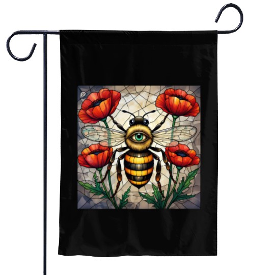 Bumble bee stained glass vibrant poppy flower eye Garden Flags