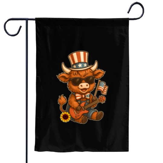 Funny Highland Cow Patriotic Outfit Playing Guitar Garden Flags