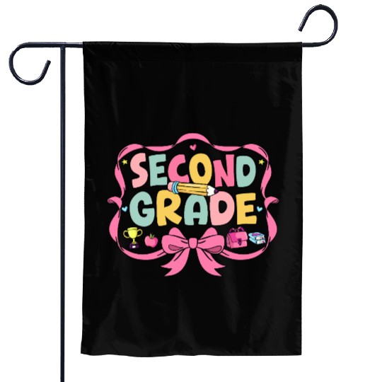 Preppy Back To School Second Grade Coquette Bow Garden Flags