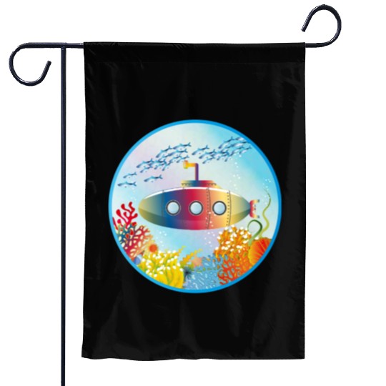 Colorful Submarine in a Tropical Coral Reef Garden Flags