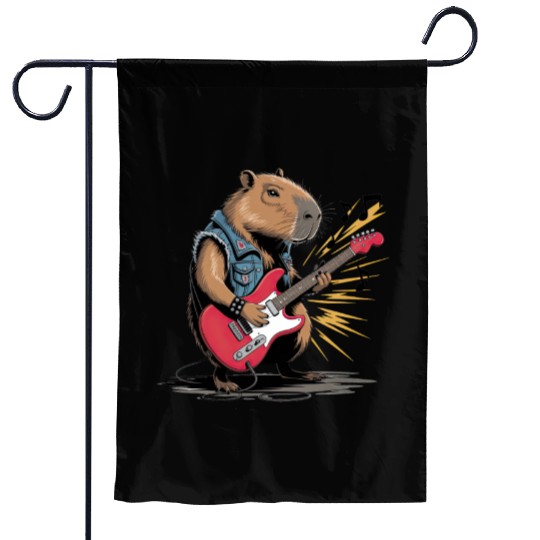 Cool Capybara Playing Electric Guitar Garden Flags