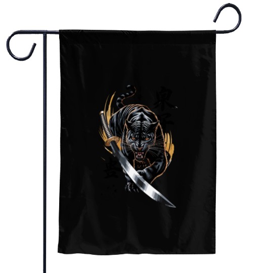 Fierce Black Panther With Samurai Sword Garden Flags