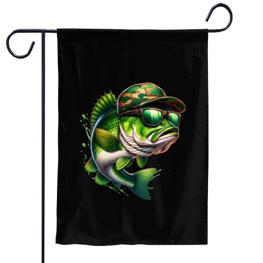 Camo Hat Bass Fish with Green Sunglasses Garden Flags