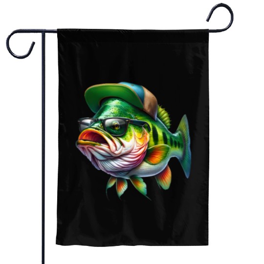 Cool Bass Fish with Green Hat and Glasses Garden Flags