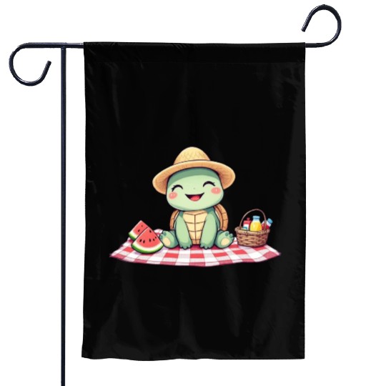 Whimsical Picnic Turtle Illustration Garden Flags