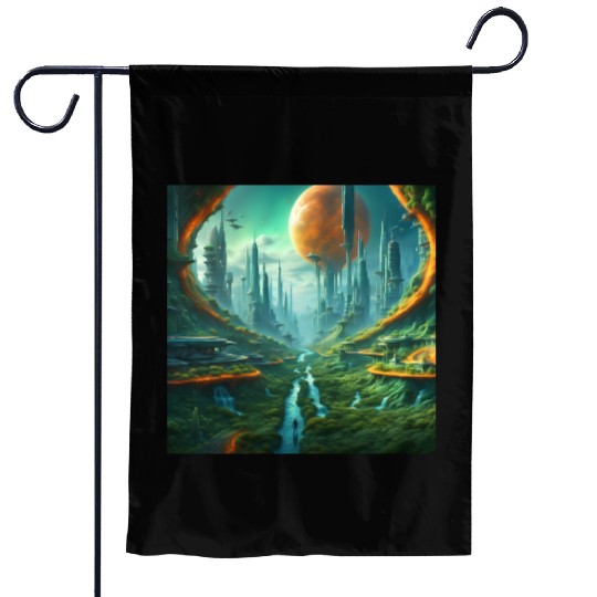 Futuristic Urban Landscape with Alien Sky Garden Flags