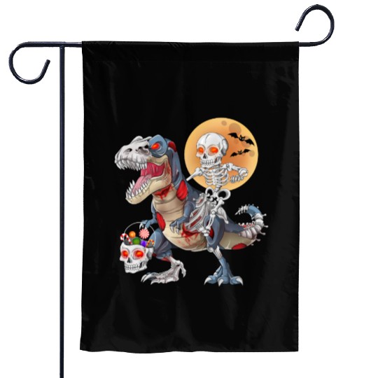 Skeleton Riding Zombie Dinosaur T rex Halloween Garden Flags
