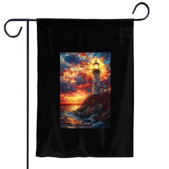 Stained Glass Lighthouse Sunset Garden Flags