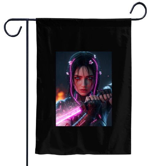Cyberpunk Samurai Girl Garden Flags