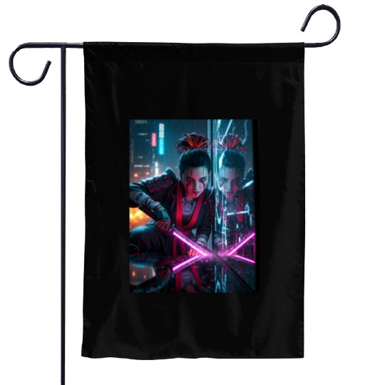 Cyberpunk Samurai Girl Garden Flags