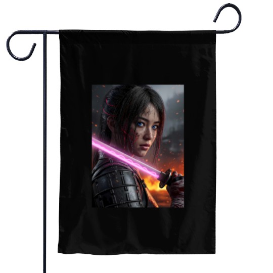 Cyberpunk Samurai Girl Garden Flags