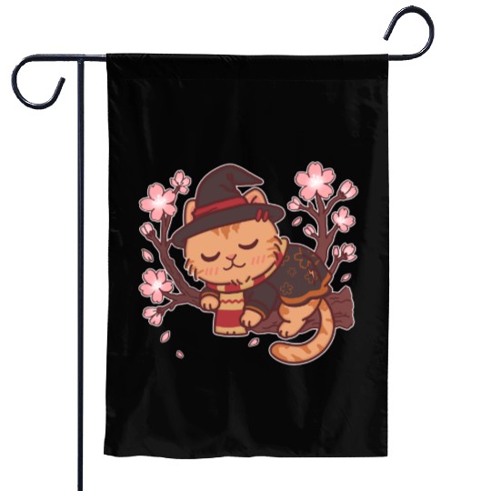Cute Witch Cat with Cherry Blossoms Garden Flags