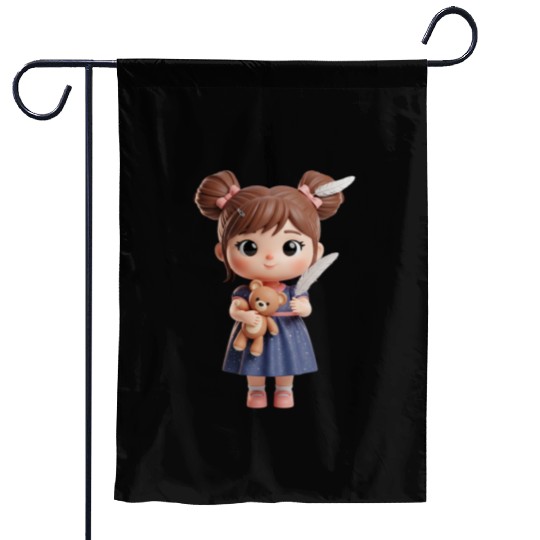 Whimsical Girl with Feather and Teddy Bear Garden Flags