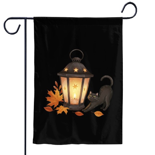 Autumn Night Lantern with Playful Cat Garden Flags