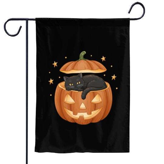Black Cat in Jack-O-Lantern Pumpkin Garden Flags