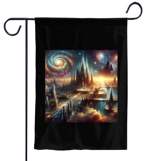 Future Sci-Fi Cityscape Alien Planet King's Castle Garden Flags