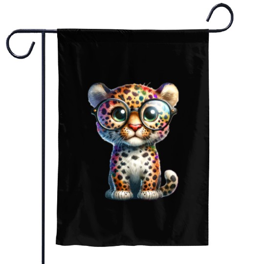 Colorful Leopard Cub with Glasses Garden Flags