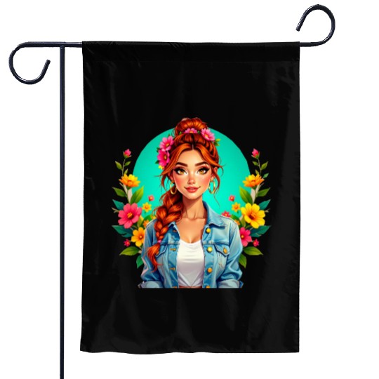 Teen Girl Aesthetic – Floral Cartoon Portrait Garden Flags