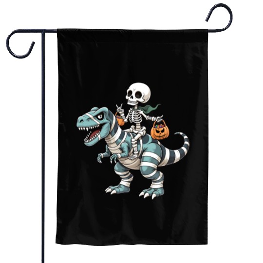 Skeleton Riding Mummy Dinosaur Funny Halloween Garden Flags